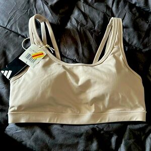 NWT Women's Adidas All Me Essentials Bra Beige Tan Logo Strappy Back Size L